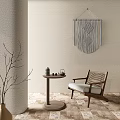 Leisure Chair With Wooden Frame Cushioned Seat Round Side Table And Macrame Wall Hanging