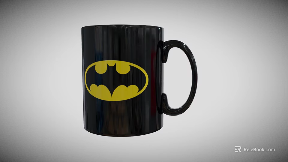 Glossy Black Ceramic Coffee Mug Featuring Yellow Batman Logo Artwork 3d model