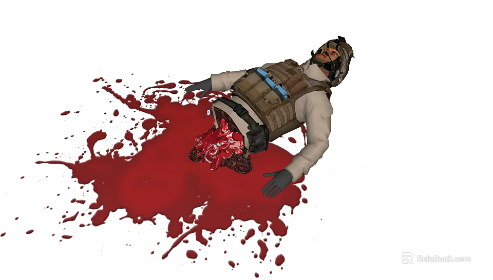 Game Movie Character Lying on Ground With Abdominal Wound Blood Splatters Tactical Vest Hat Gloves 3d model 