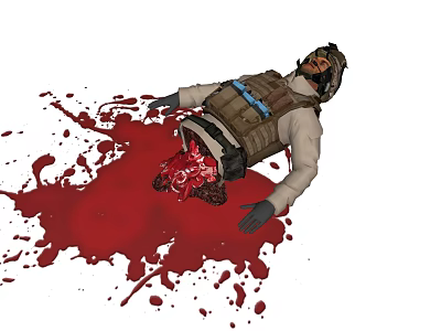 Game Movie Character Lying on Ground With Abdominal Wound Blood Splatters Tactical Vest Hat Gloves 3d model