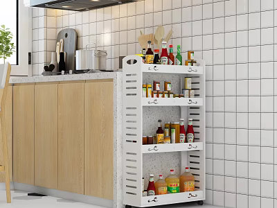 White Mobile Kitchen Storage Rack With Multiple Shelves Holding Spice Bottles And Cooking Supplies 3d model