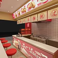 Shopping Mall Chinese Food Shop With Red Decor Food Display Counter And Stools
