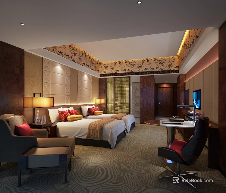 Hotel Guest Room Featuring Double Beds Table Lamps Red Cushions Patterned Ceiling And Work Desk 3d model 
