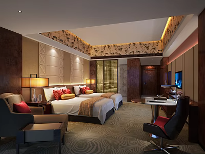 Hotel Guest Room Featuring Double Beds Table Lamps Red Cushions Patterned Ceiling And Work Desk 3d model