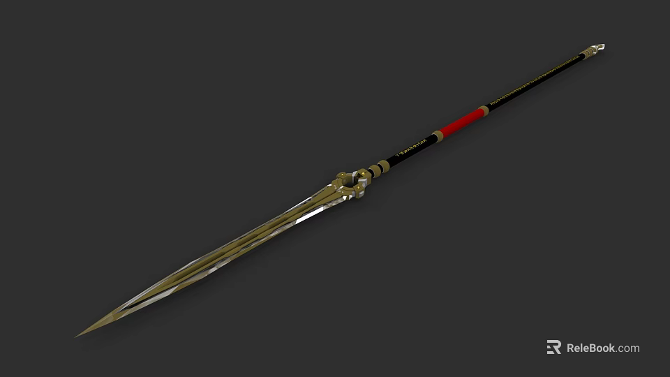 Traditional Metallic Spear With Black Shaft Red Accents And Golden Decorations 3d model 