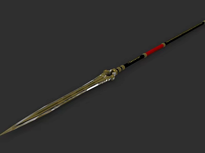 Traditional Metallic Spear With Black Shaft Red Accents And Golden Decorations 3d model
