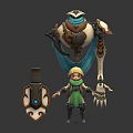 Blonde Haired Character In Green Scarf With Large Mechanical Creature Shield Featuring Blue Gem
