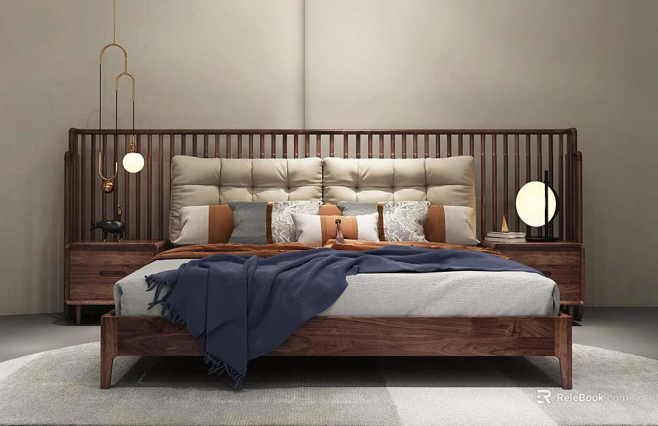 Modern Wooden Double Bed With Decorative Pillows Blue Blanket Bedside Lamps And Nightstands 3d model 