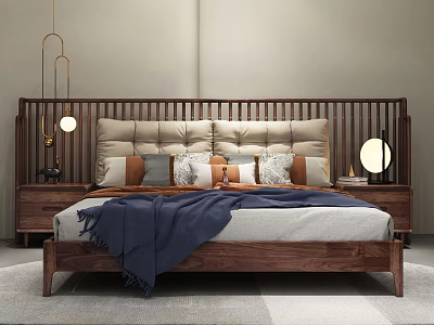 Modern Wooden Double Bed With Decorative Pillows Blue Blanket Bedside Lamps And Nightstands 3d model