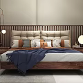 Modern Wooden Double Bed With Decorative Pillows Blue Blanket Bedside Lamps And Nightstands