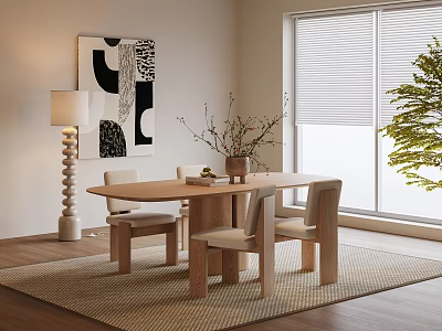 Modern Minimalist Wooden Dining Table Set With Four Chairs Vase Floor Lamp And Abstract Art 3d model