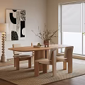 Modern Minimalist Wooden Dining Table Set With Four Chairs Vase Floor Lamp And Abstract Art