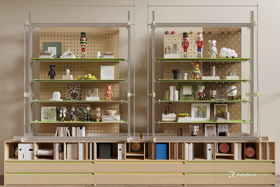 Modern Shelving Unit with Pegboard Back and Green Shelves for Home Storage and Decorative 3d model 