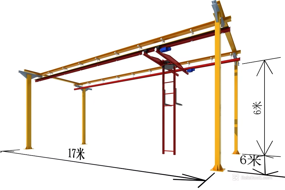 Industrial Equipment Frame Structure With Yellow Pillars Red Beams 17 Meters Length 6 Meters Height 3d model 