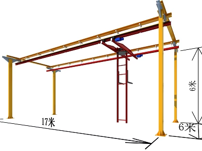 Industrial Equipment Frame Structure With Yellow Pillars Red Beams 17 Meters Length 6 Meters Height 3d model