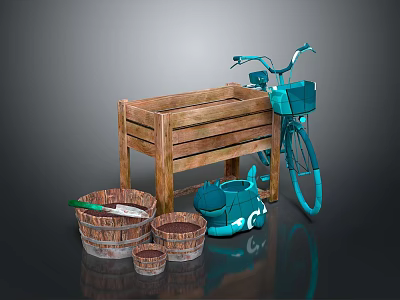 Garden Decorative Setup With Wooden Stand Blue Bicycle Wicker Baskets And Watering Can 3d model