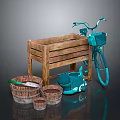 Garden Decorative Setup With Wooden Stand Blue Bicycle Wicker Baskets And Watering Can