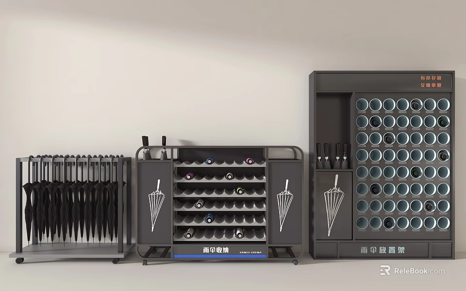 Public Facility Storage System With Umbrella Rack Multi Layer Shelf And Circular Compartments 3d model 
