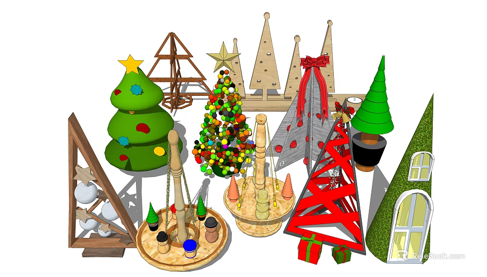 Colorful Decorated Christmas Trees With Festive Lights Stars And Gifts 3d model 