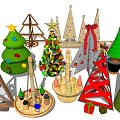 Colorful Decorated Christmas Trees With Festive Lights Stars And Gifts
