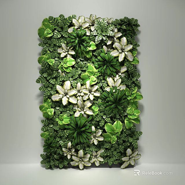 Decorative Vertical Living Plant Wall With Green Leaves And White Flowers 3d model 