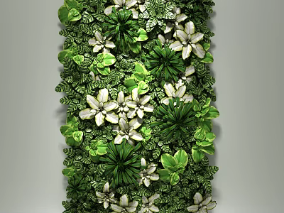 Decorative Vertical Living Plant Wall With Green Leaves And White Flowers 3d model