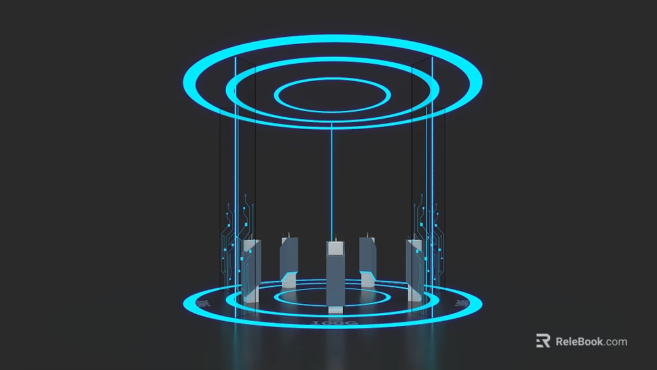 Modern Futuristic Kitchen Island Counter With Blue Circular Illuminated Rings And Vertical Pillars 3d model 