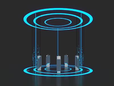 Modern Futuristic Kitchen Island Counter With Blue Circular Illuminated Rings And Vertical Pillars 3d model