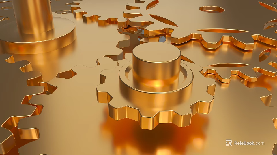Golden Interlocking Gear Sculpture With Metallic Shine And Intricate Carving Details 3d model 