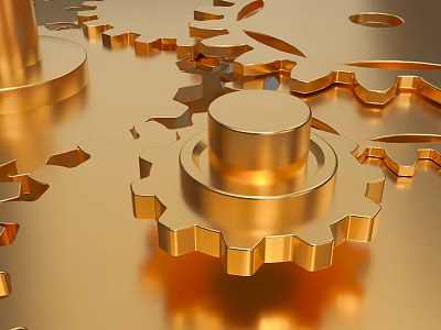 Golden Interlocking Gear Sculpture With Metallic Shine And Intricate Carving Details 3d model