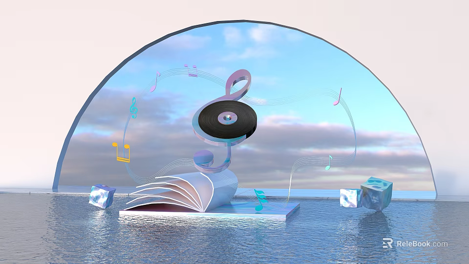 Round Transparent Photo Spot With Blue Sky Clouds Music Notes Open Book Water And Cubes 3d model 