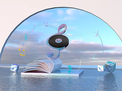 Round Transparent Photo Spot With Blue Sky Clouds Music Notes Open Book Water And Cubes 3d model