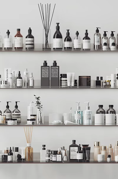 Perfume and Cosmetic Bottles with Various Designs and Different Sizes Displayed on Shelves 3d model