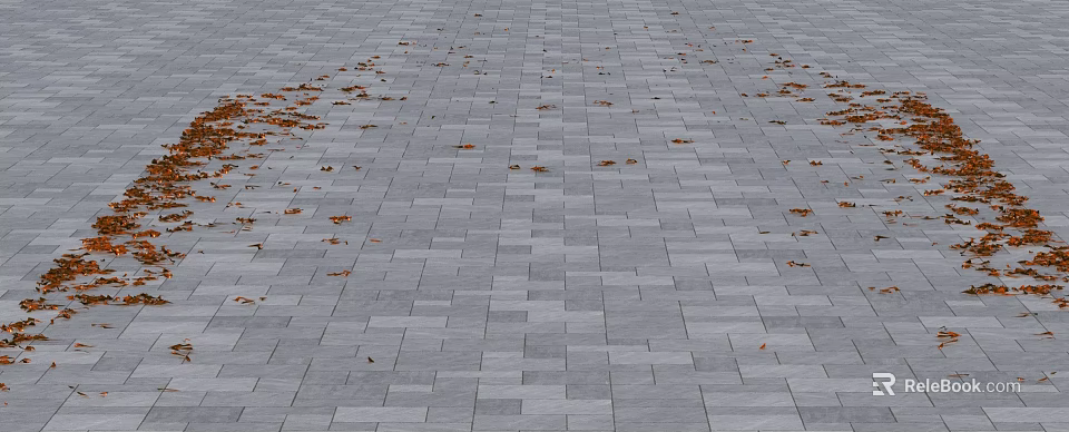 Gray Stone Pavement Texture With Scattered Brown Autumn Fallen Leaves 3d model 