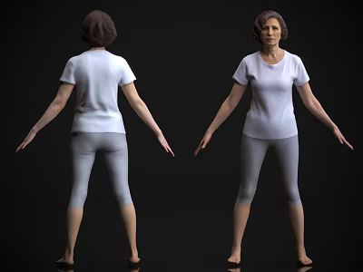 Woman In White T-shirt And Gray Leggings Front And Back View Barefoot On Black Background 3d model