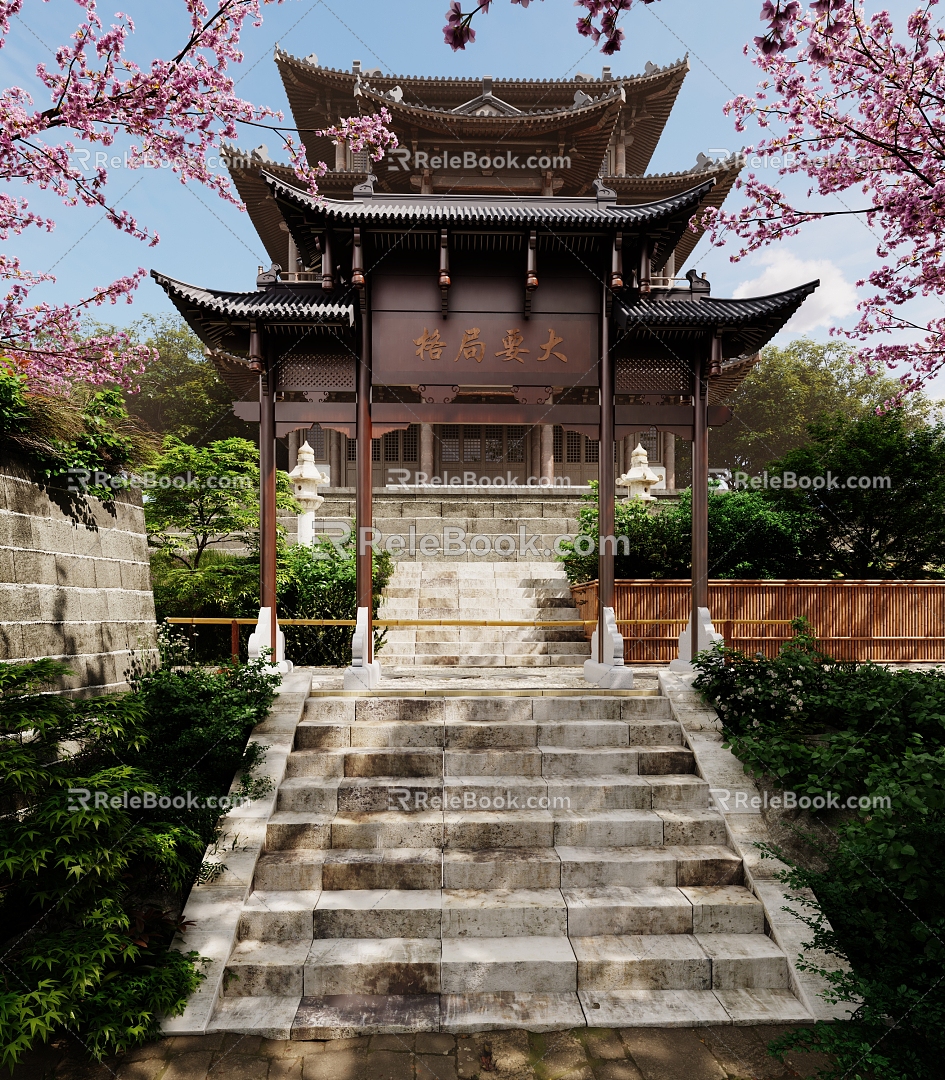 Chinese-style ancient temple archway Tibetan sutra pavilion mountain road 3d model