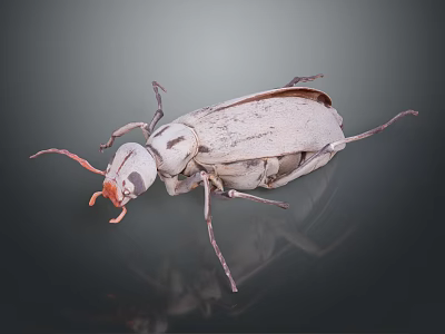 Grey Beetle With Orange Antennae And Detailed Texture On Dark Background Showing Reflection 3d model
