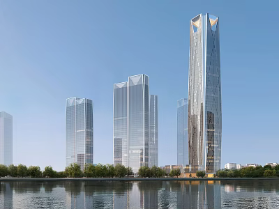 Modern Tall Office Building With Glass Facade Waterfront And Green Surroundings 3d model