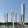 Modern Tall Office Building With Glass Facade Waterfront And Green Surroundings