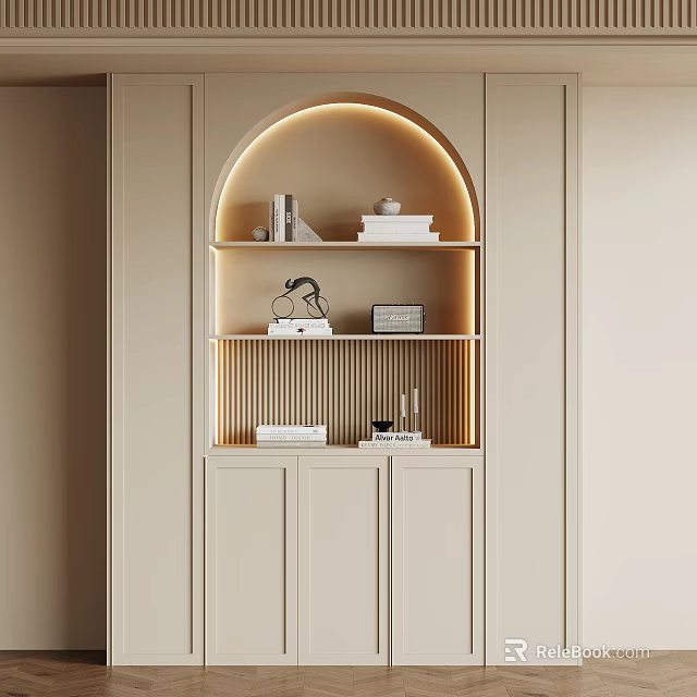 Elegant Modern Wine Cabinet With Arched Shelves Ambient Lighting And Decorative Items 3d model 
