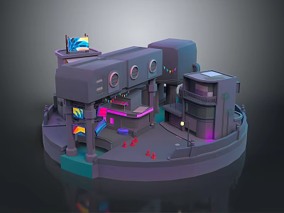 3D Cartoon Scene Featuring Colorful Structures Platforms Neon Screens And Small Red Elements 3d model