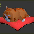 Pixel Art Orange Cat Lying On Red Star Shaped Cushion With Cute Facial Expression