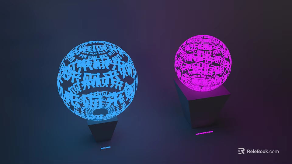 Spherical Decorative Lights Featuring Blue Pink Hollow Out Design On Pedestals With Ambient Glow 3d model 