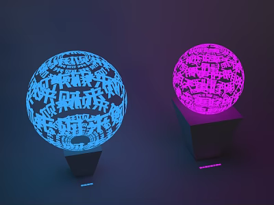 Spherical Decorative Lights Featuring Blue Pink Hollow Out Design On Pedestals With Ambient Glow 3d model
