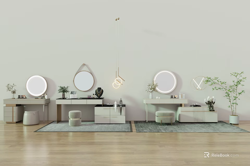 Modern Dressing Table With Round Mirror Stool And Potted Plant Decor 3d model