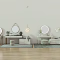 Modern Dressing Table With Round Mirror Stool And Potted Plant Decor 3d model