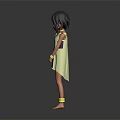 3D Female Character Barefoot In Red Triangle Dress With Yellow Collar Bracelets On Gray Background