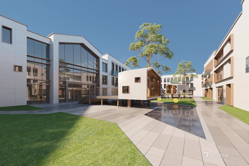 Modern School Building With Large Glass Windows Green Lawn Trees Courtyard And Wooden Structure 3d model 