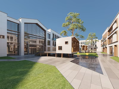 Modern School Building With Large Glass Windows Green Lawn Trees Courtyard And Wooden Structure 3d model