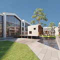 Modern School Building With Large Glass Windows Green Lawn Trees Courtyard And Wooden Structure